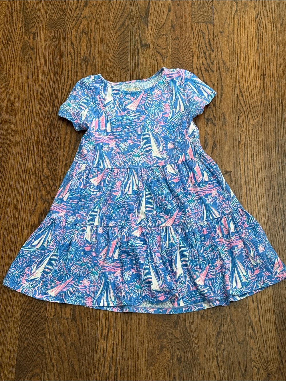 Girls Blue & Pink Sailboat Tiered Dress - Kids Dress